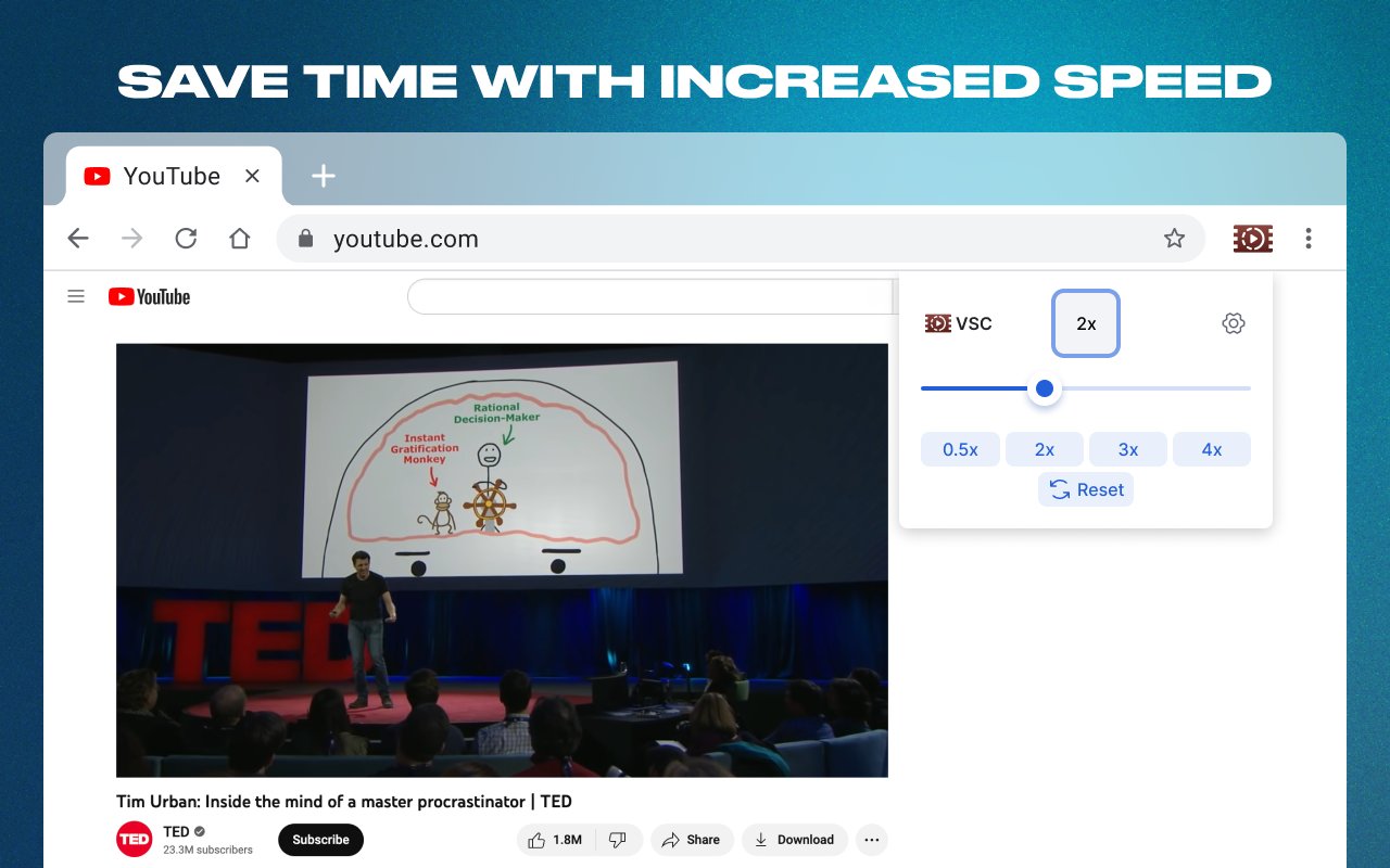 Save time with increased speed – VSC popup on YouTube